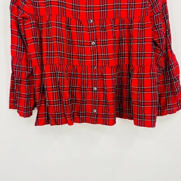 Madewell Size Small Red & Black Plaid Tiered Button Back Swing Top - Picture 11 of 11